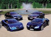 Koncepty Bugatti. Vlevo vzadu: EB 218, vpravo vzadu: EB 118, vlevo vpředu: EB 18/3 Chiron, vpravo vpředu: EB 18/4 Veyron.