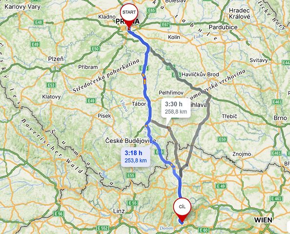 Cesta z Prahy k zámku Artstetten., zdroj: Mapy.cz