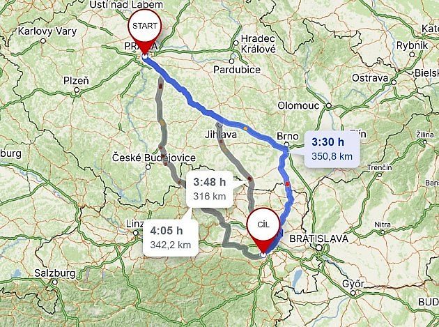 Cesta autem z Prahy k Seegrotte., zdroj: mapy.cz