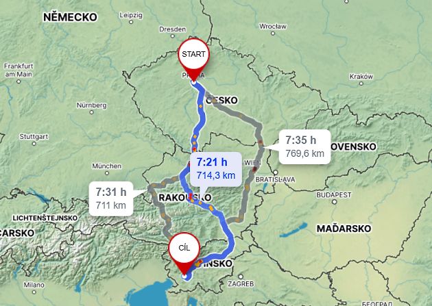 Cesta z Prahy k Predjamskému hradu., zdroj: Mapy.cz