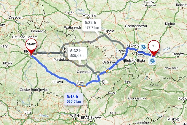 Cesta z Prahy na koupaliště Zakrzówek., zdroj: Mapy.cz