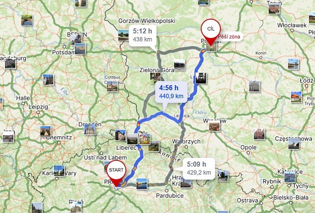 Cesta z Prahy do Poznaně., zdroj: Mapy.cz