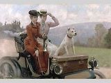 Obraz Julia LeBlanca Stewarta: Dámy Goldsmithovy v Boulogneském lesíku roku 1897 ve voiturettě Peugeot