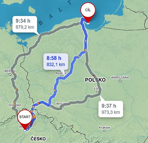 Cesta z Prahy na Helský poloostrov., zdroj: Mapy.cz