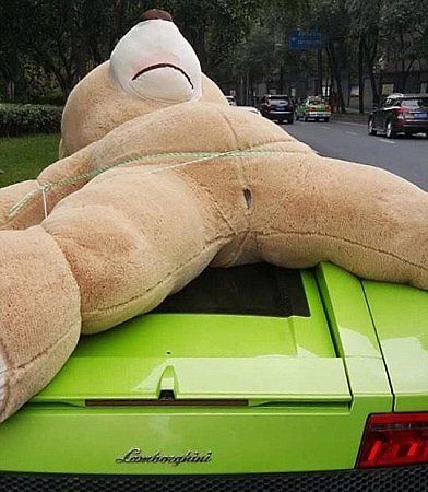 Číňan vezl na střeše Lamborghini obřího plyšáka. Dostal za to pokutu.