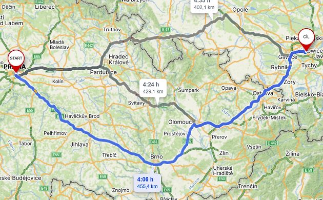 Cesta z Prahy do města Chořov., zdroj: Mapy.cz