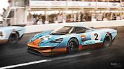 Porsche 917. Proslavený speciál vytrvalostního závodu 24 hodin Le Mans si v moderní formě vypůjčuje pár designových křivek konceptu elektromobilu Mission E. Samozřejmě ale nechybí modro-oranžové barvy Gulf.