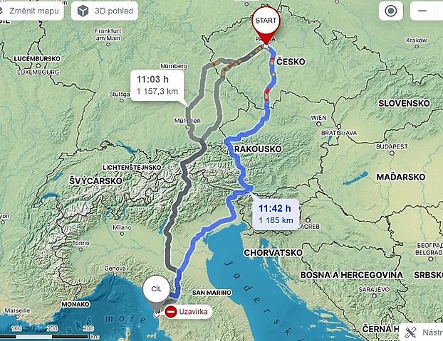 Cesta z Prahy na Spiagge Bianche., zdroj: Mapy.cz