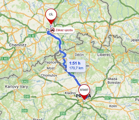 Cesta z Prahy k zámku Moritzburg., zdroj: Mapy.cz