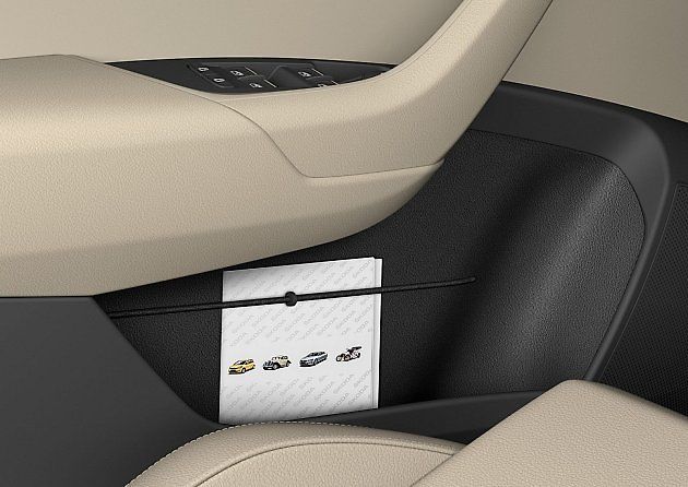 Gumička ve výplni dveří vozu Škoda Karoq patří mezi praktické Simply Clever prvky. Pomáhá přidržet menší předměty v odkládací kapse, aby se při jízdě nepohybovaly po interiéru., zdroj: Se svolením Škoda.