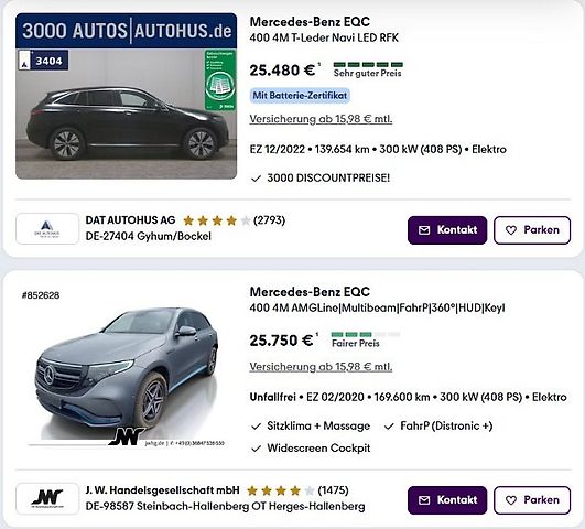 Běžná cena ojetého EQC je od 25 tisíc EUR., zdroj: Repro: Mobile.de