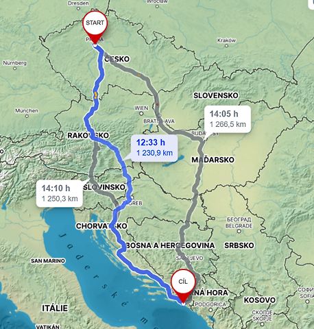 Cesta z Prahy do Dubrovníku., zdroj: Mapy.cz