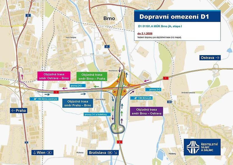 Rozsáhlá přestavba křižovatky dálnic D1 a D2 začíná v těchto dnech v Brně. Řidiči zasáhnou velká omezení.